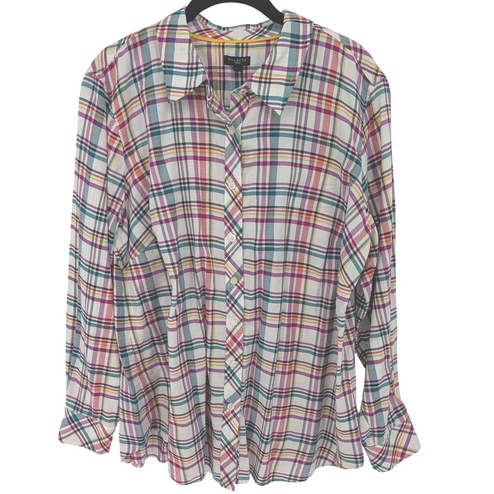 Talbots Button Down Plaid Top Cotton Womens 1X White Colorful Classic Fit Shirt